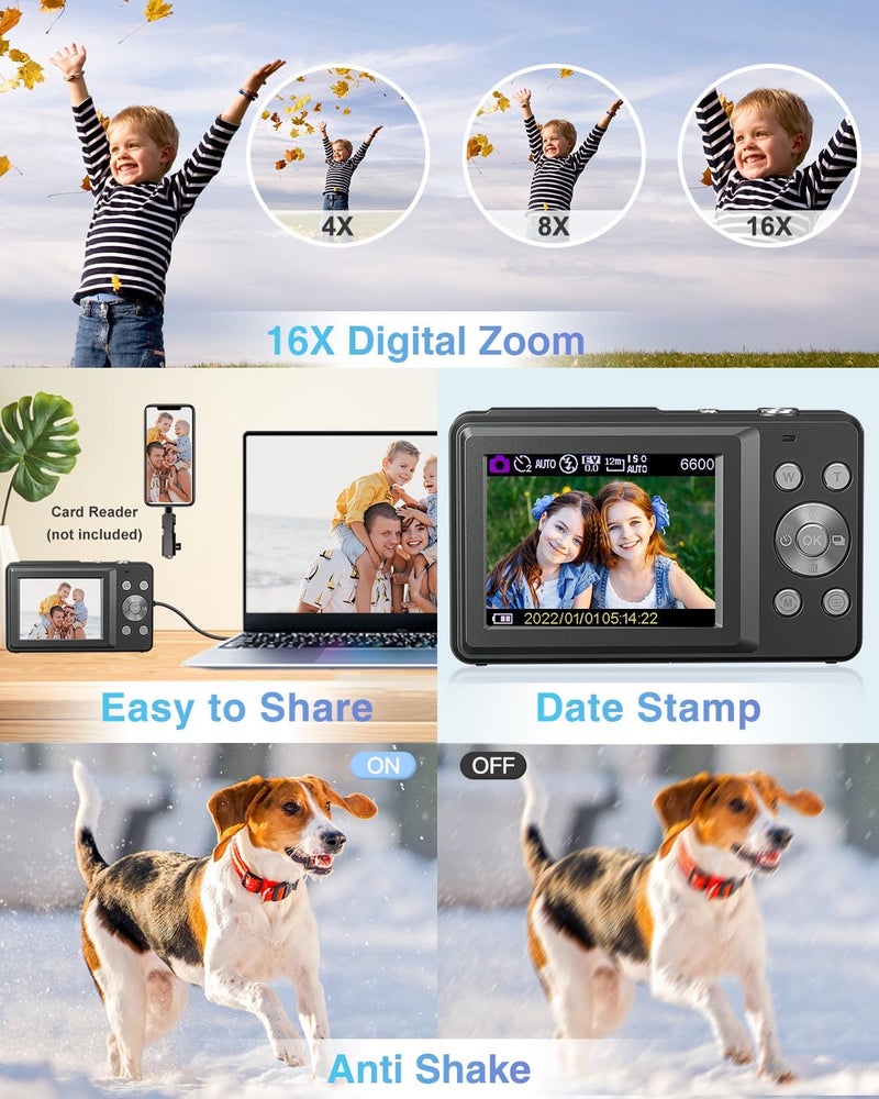 Lecran كاميرا رقمية، كاميرا تصوير فوري FHD 1080P مع زوم 16X ومضادة للاهتزاز، صغيرة ومحمولة للأولاد والبنات (أسود داكن) - Image 5